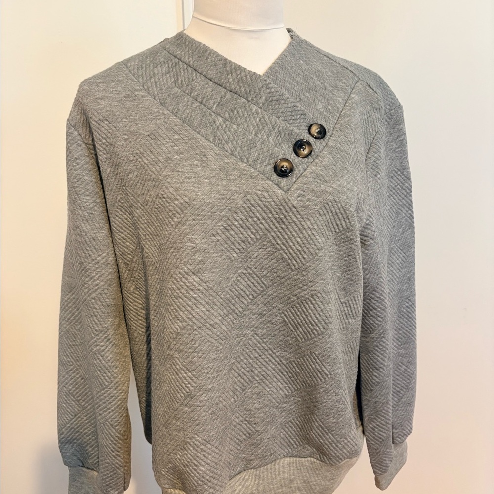 Classic Textured V-Neck Gray Sweatshirt with Button Detail